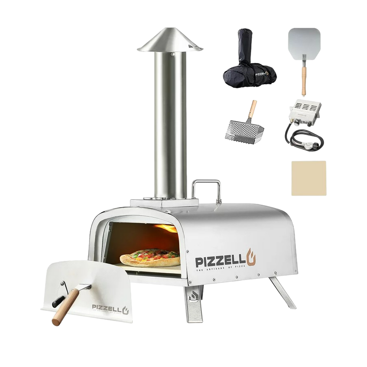 Enjoy the Pizzello Forte Gas Pizza Oven with metal chimney and superb heat retention. Portable with peel, cover, cutter, & thermometer.