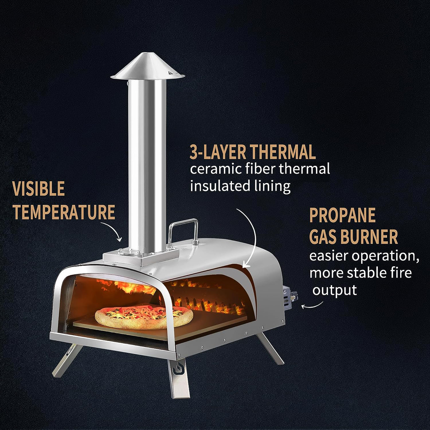 The Pizzello Forte Outdoor Gas Pizza Oven features propane & wood burners, a temperature gauge, and 3-layer insulation for efficient pizza cooking.