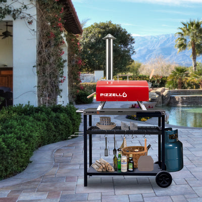 The Pizzello Forte Outdoor Gas Pizza Oven offers mountain and pool views, perfect for cooking pizza in 60 seconds on your patio.