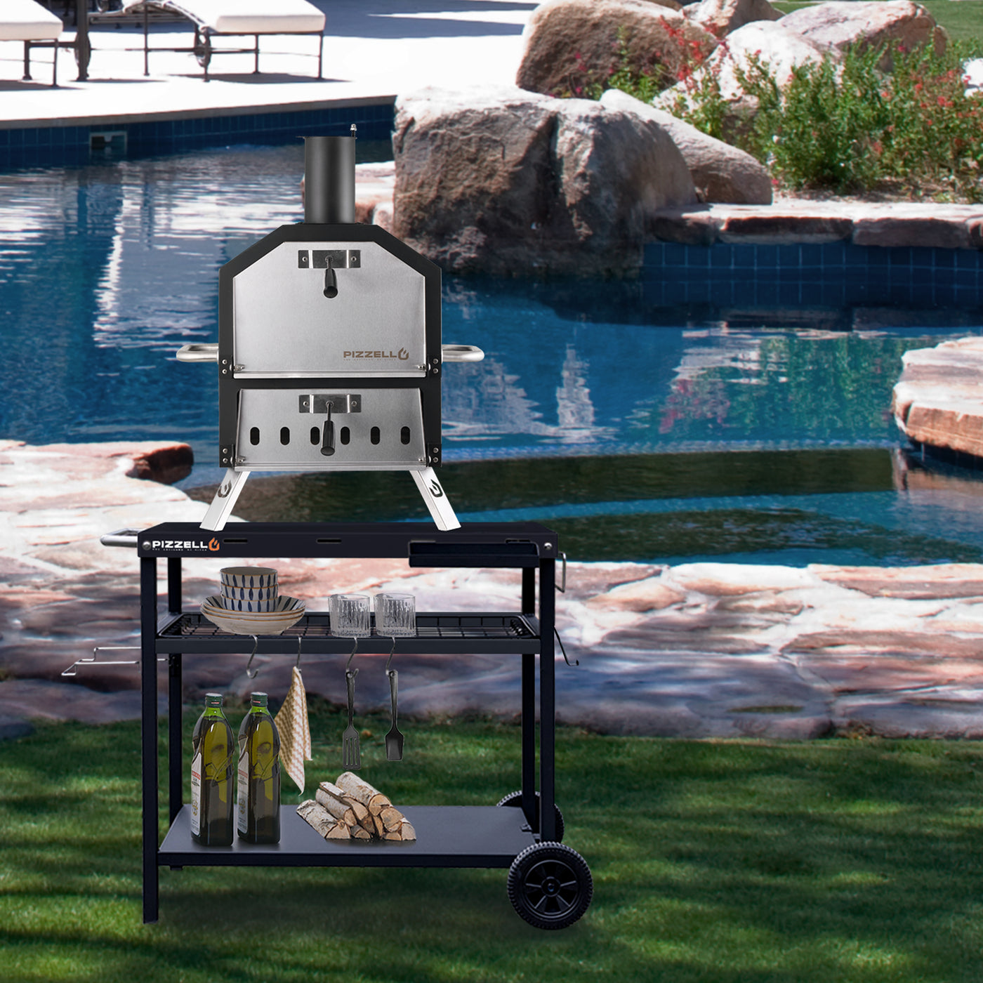 Pizzello Grande - Outdoor 2-Layer Pizza Oven with temperature control on a cart by a swimming pool.
