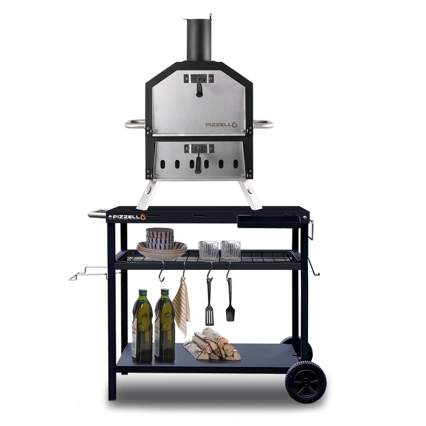 Pizzello Grande - Outdoor 2-Layer Pizza Oven on a mobile cart with accessories, wood, and precise temperature control.
