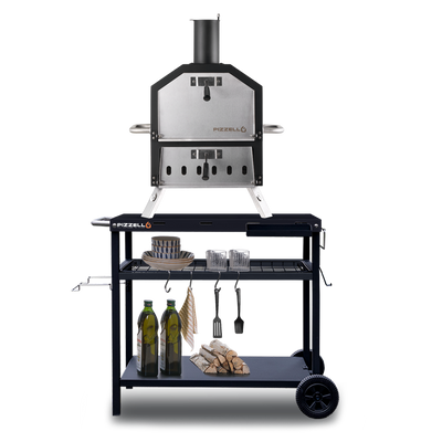 Pizzello Grande - Outdoor 2-Layer Pizza Oven on a mobile cart with accessories, wood, and precise temperature control.