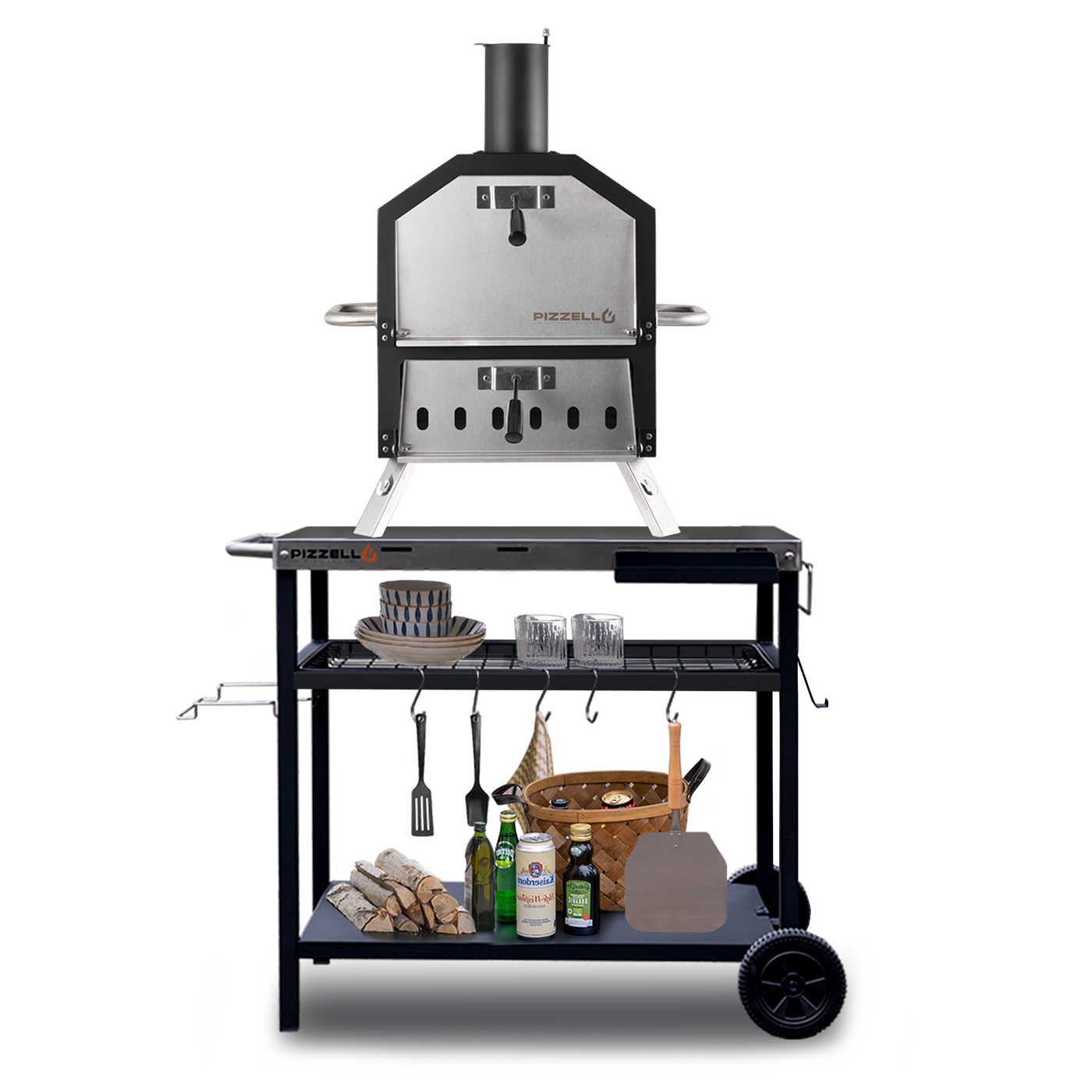 A portable Pizzello Grande outdoor 2-layer pizza oven on a stand with accessories and firewood, featuring precise temperature control and a large cooking area.