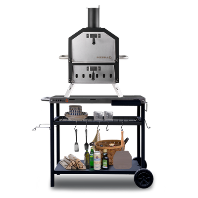 A portable Pizzello Grande outdoor 2-layer pizza oven on a stand with accessories and firewood, featuring precise temperature control and a large cooking area.