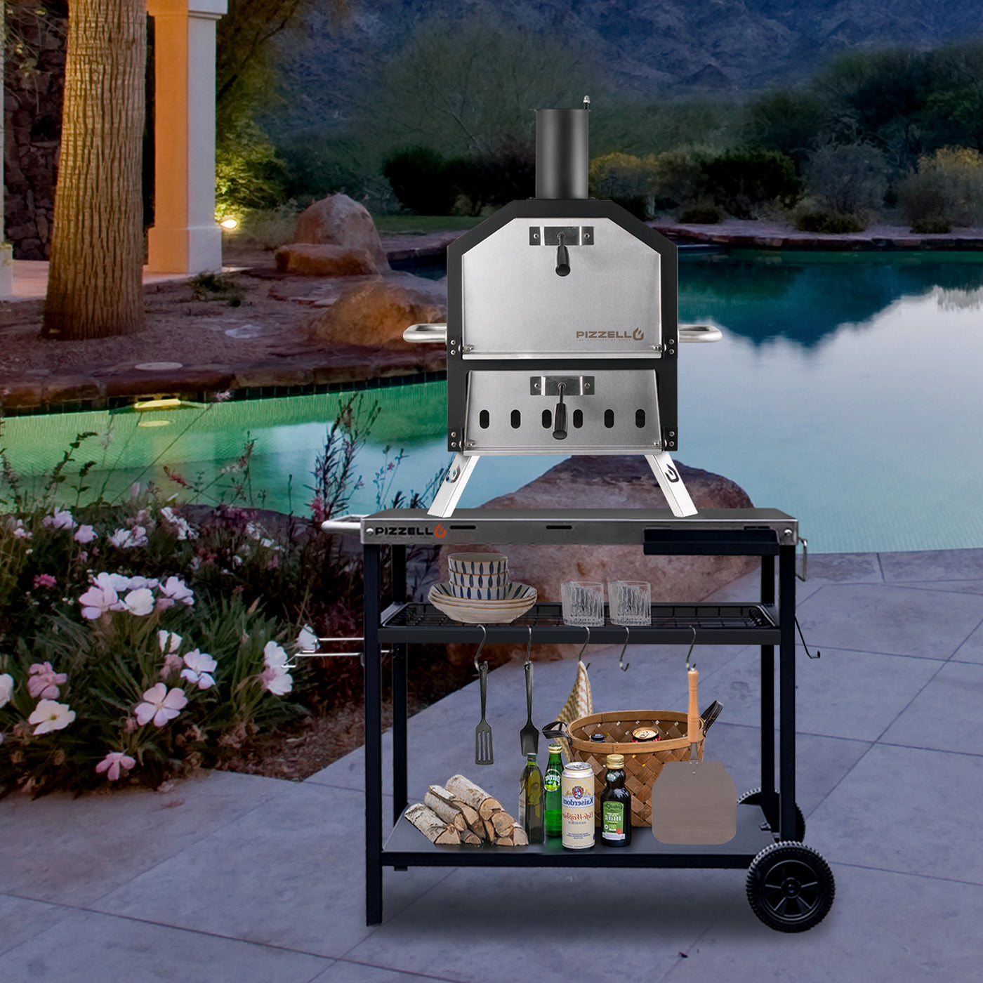 Outdoor Pizzello Grande - Outdoor 2-Layer Pizza Oven on a cart by a poolside, ready for a cooking session with precise temperature control.