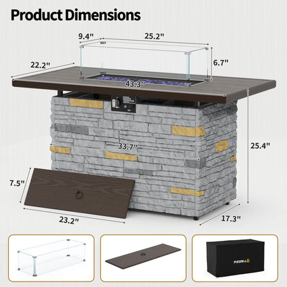 Pizzello Caldo- 43" Propane Fire Pit Table Rectangular Stone Firepit Table - Pizzello#color_gray