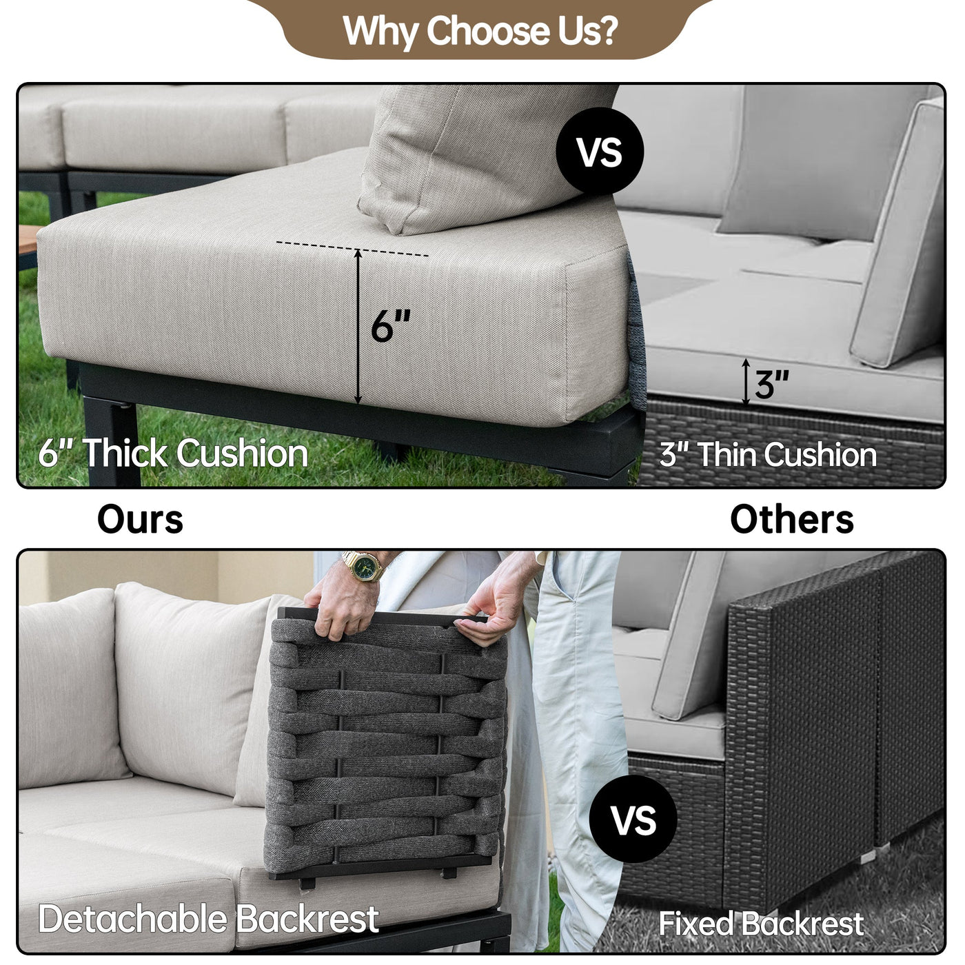 Pizzello Passione: 6" vs. 3" cushions, detachable vs. fixed backrest, rust-proof aluminum & 62.5" Fire Pit (50k BTU).