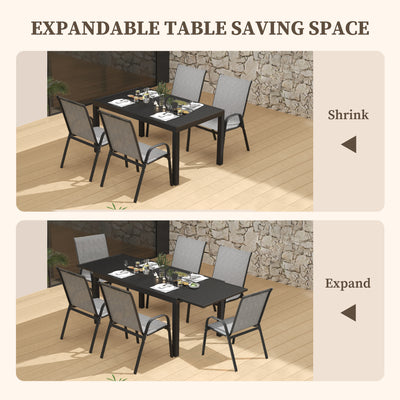 Space-efficient furniture design: Pizzello Aluminum Patio Extendable Dining Table illustrated in both compact and extended states, featuring sturdy aluminum frames.