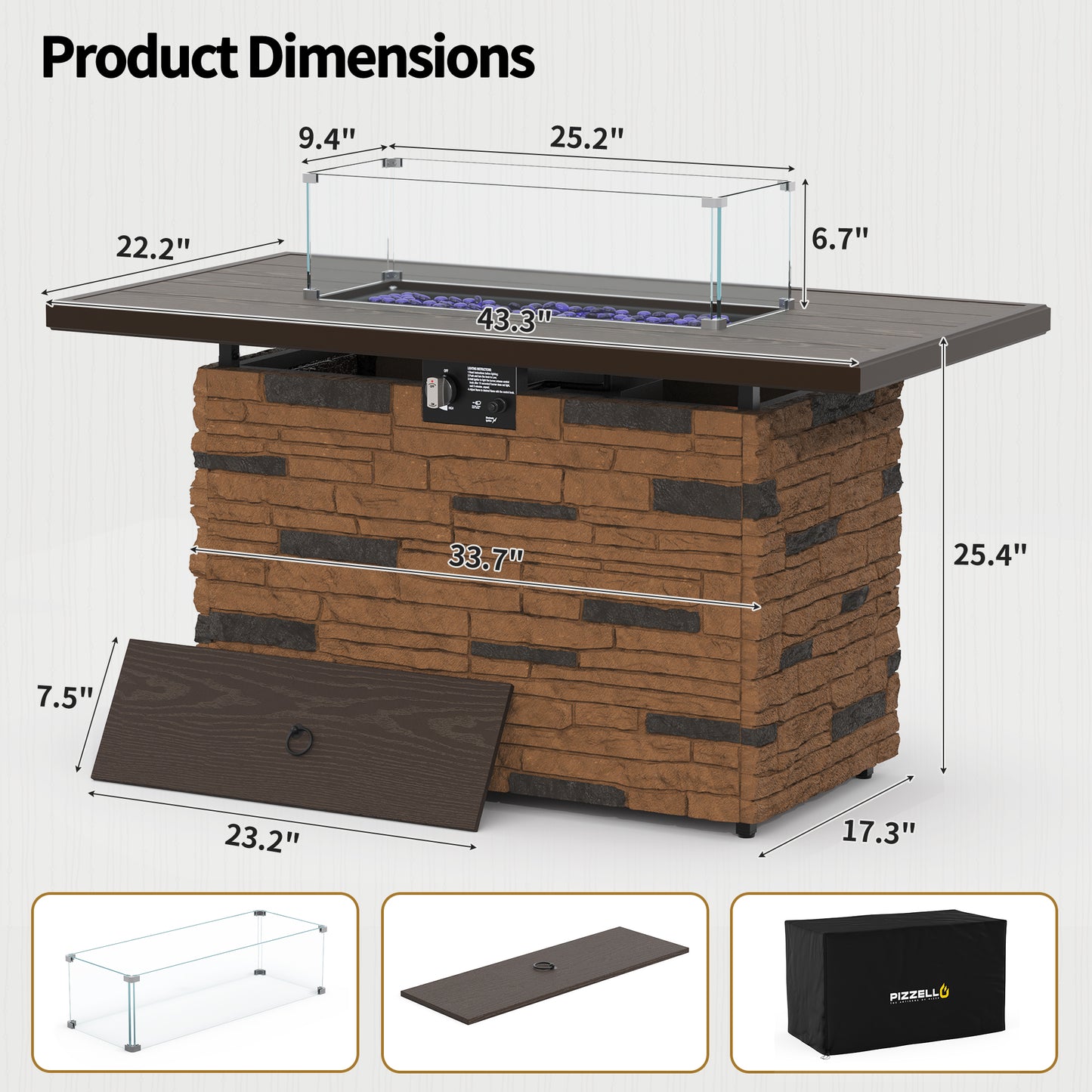 Pizzello Caldo- 43" Propane Fire Pit Table Rectangular Stone Firepit Table - Pizzello#color_brown