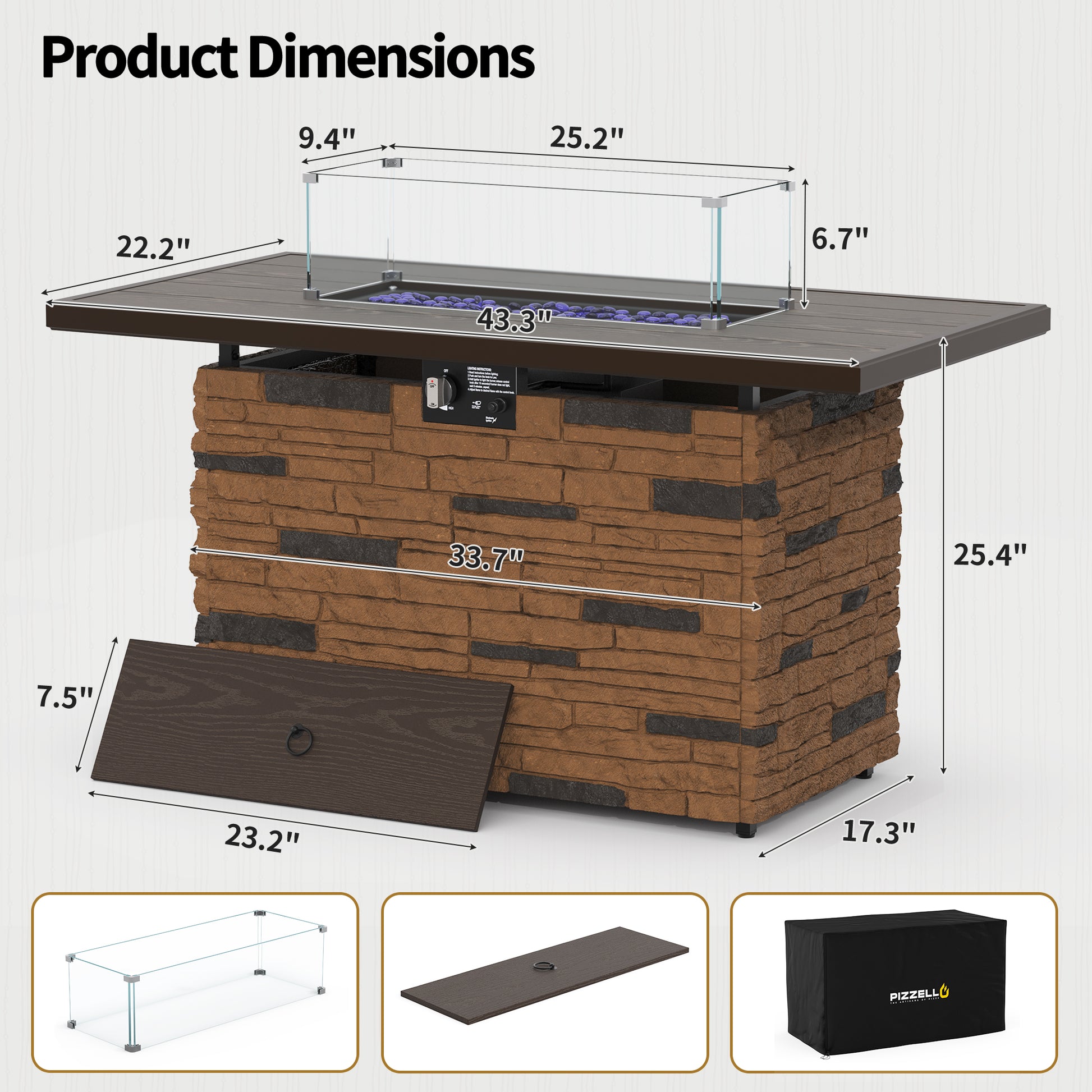 Pizzello Caldo- 43" Propane Fire Pit Table Rectangular Stone Firepit Table - Pizzello#color_brown