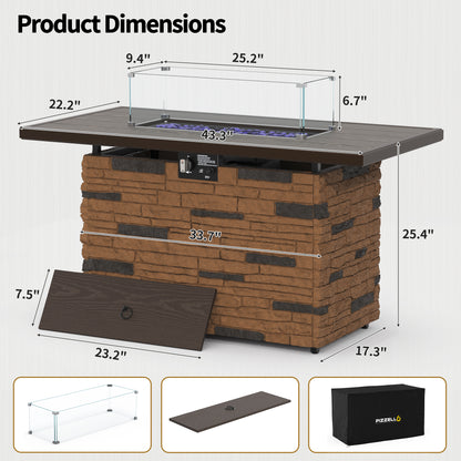 Pizzello Caldo- 43" Propane Fire Pit Table Rectangular Stone Firepit Table - Pizzello#color_brown