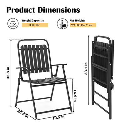 Black folding chair: 35.8"x25.6"x19.5" unfolded, seat width 17.9", folds to 33.1". Weather-resistant, supports 330 lbs, weighs 9.9 lbs.