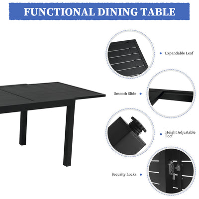 A promotional diagram highlighting the features of a Pizzello Aluminum Patio Extendable Dining Table, including an expandable leaf, smooth slide, height-adjustable feet, and security locks.