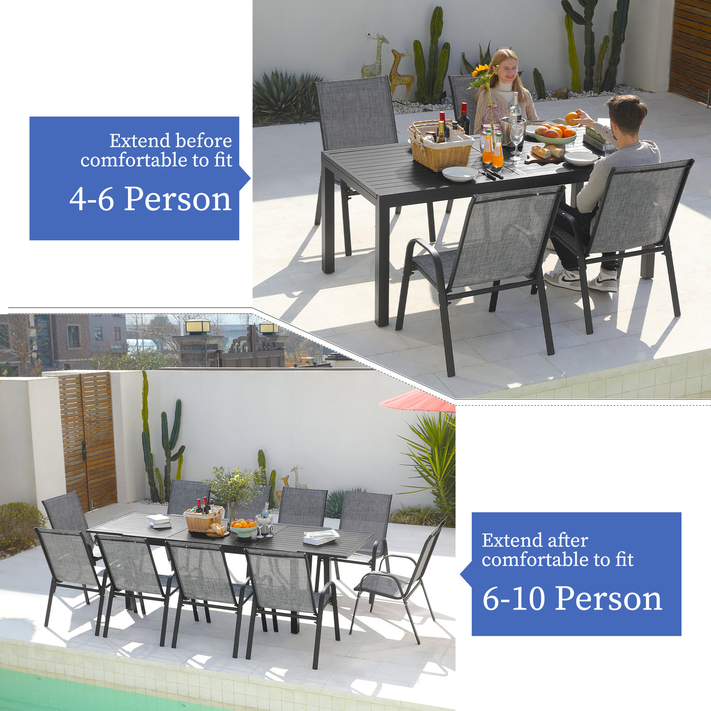 Outdoor patio dining set with extension feature, showcasing seating arrangements for 4-6 and 6-10 people, including a Pizzello Aluminum Patio Extendable Dining Table.