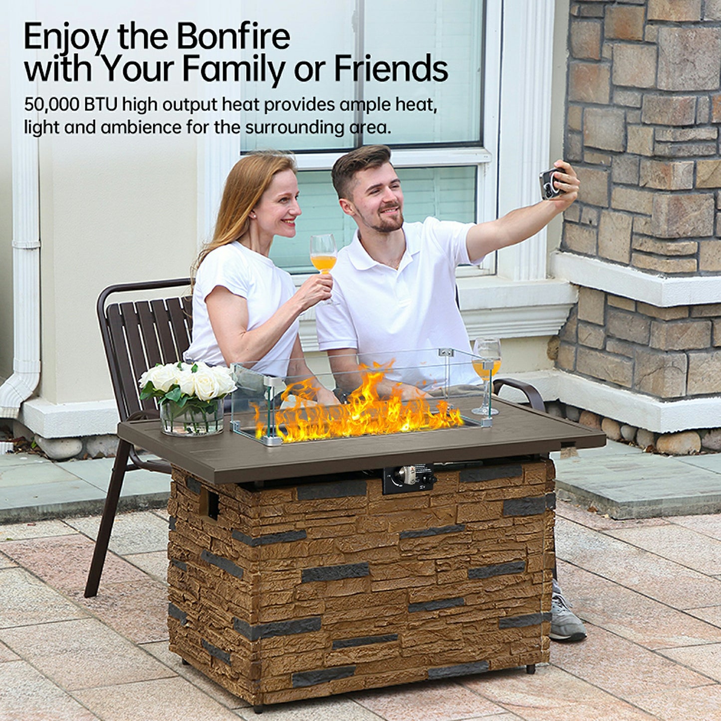 Pizzello Caldo- 43" Propane Fire Pit Table Rectangular Stone Firepit Table - Pizzello#color_brown