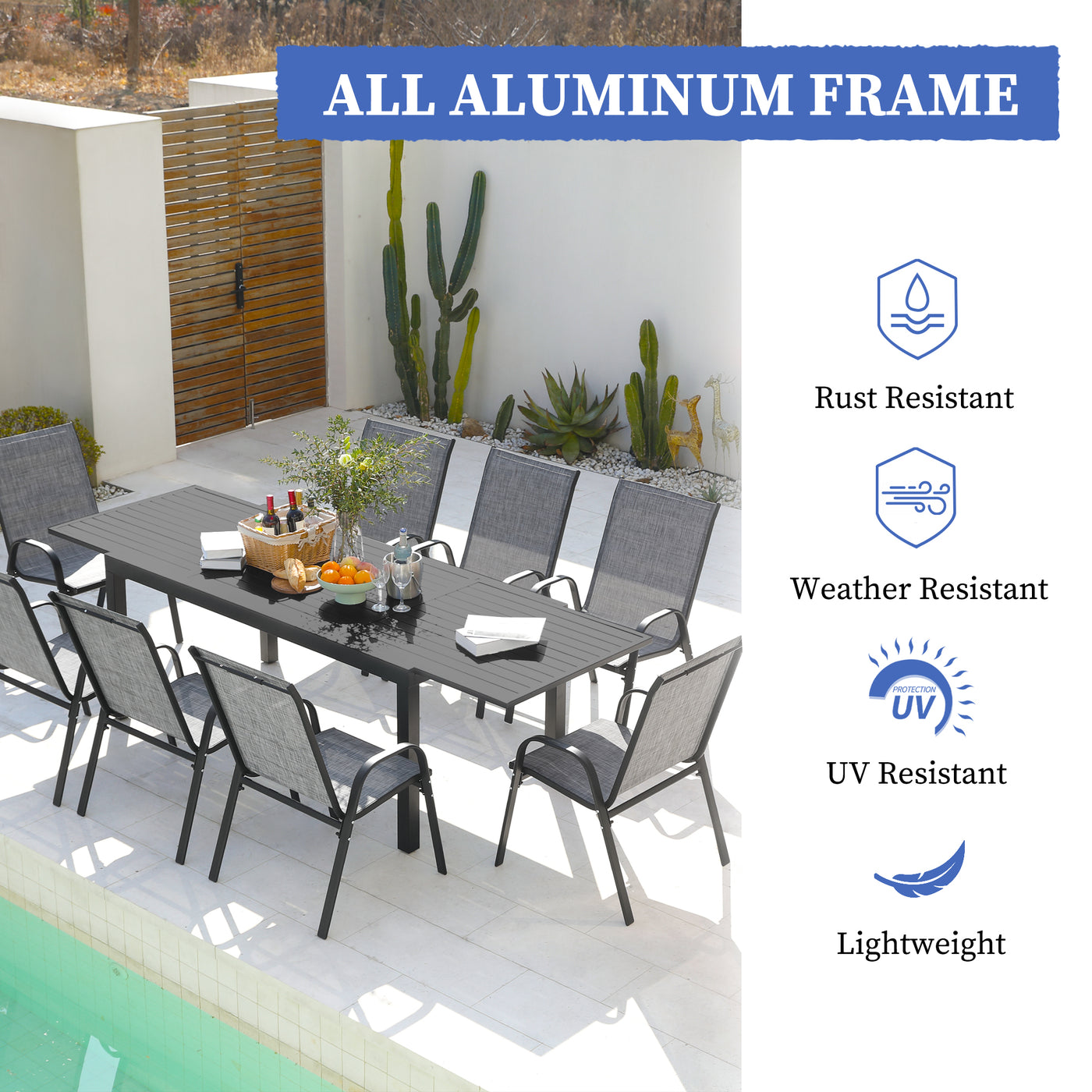 Pizzello Aluminum Patio Extendable Dining Table with aluminum frames, advertised as rust-resistant, weather-resistant, UV-resistant, and lightweight.