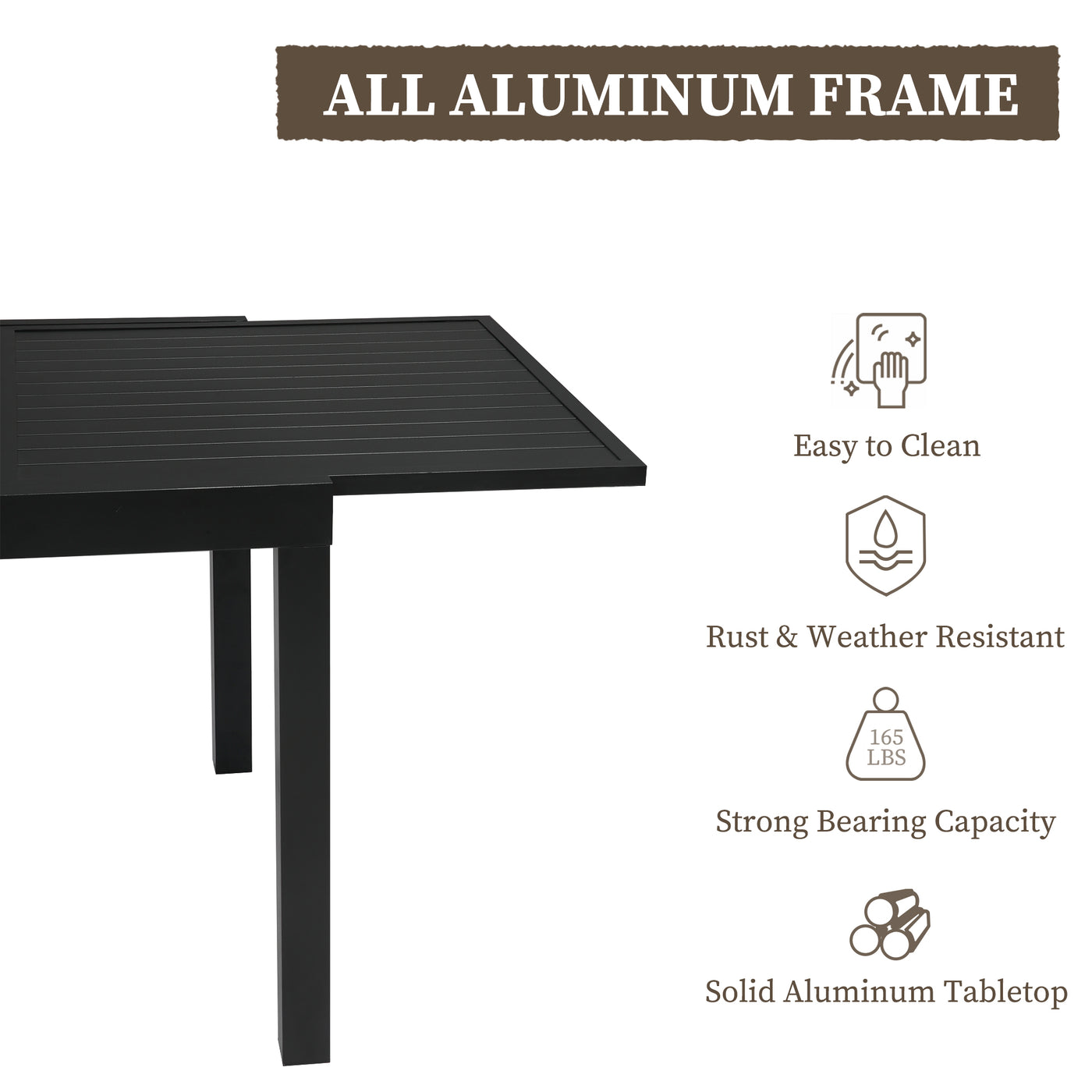 The Pizzello Aluminum Patio Table features an extendable design, easy-clean surface, rust resistance, and a 165 lbs capacity.