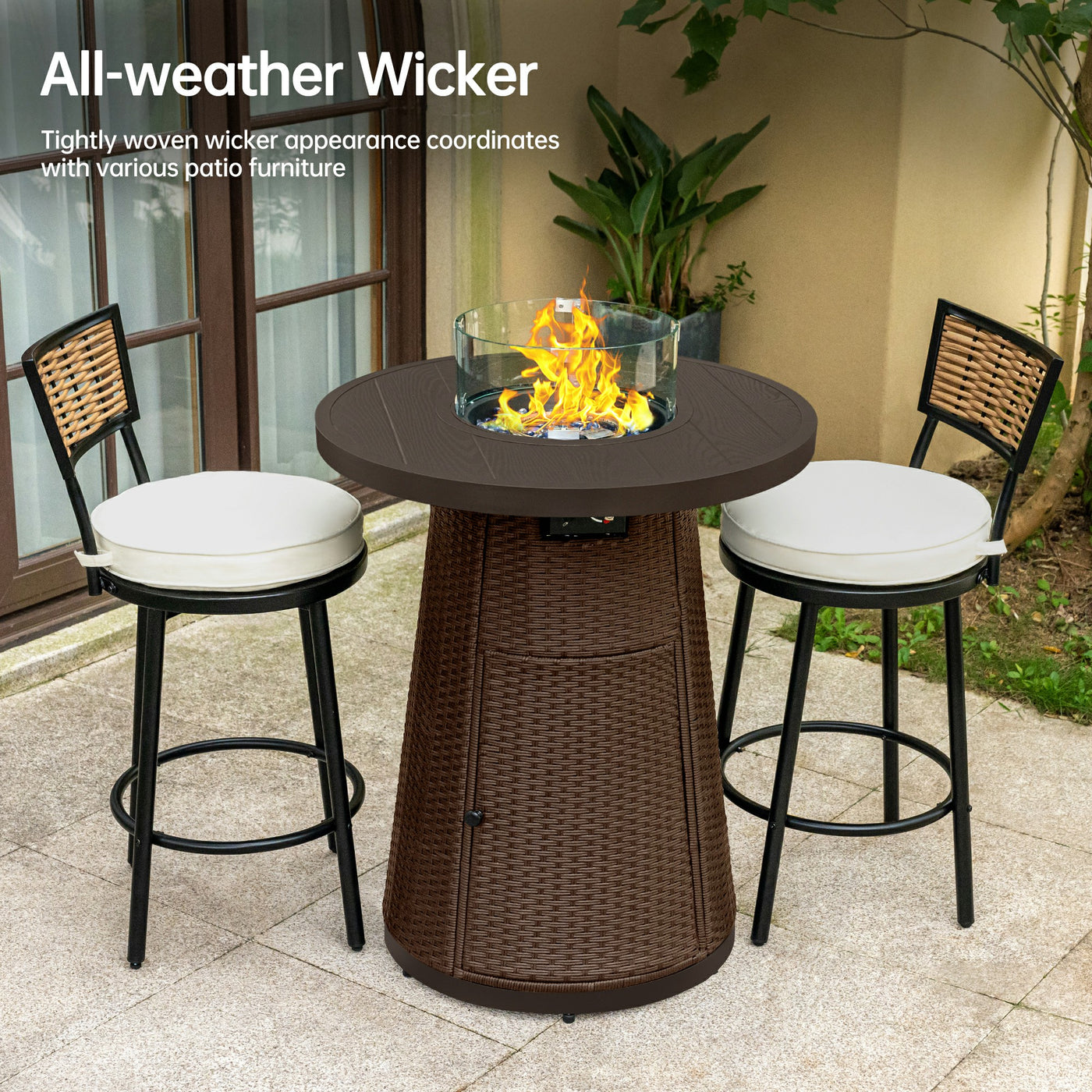 Pizzello Godere - 31.5" Propane Fire Pit Table Outdoor Round Wicker Gas Fire Table#color_brown