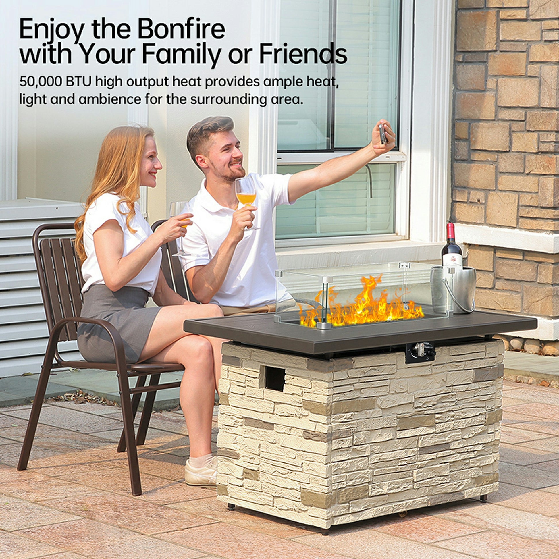 Pizzello Caldo- 43" Propane Fire Pit Table Rectangular Stone Firepit Table - Pizzello#color_buff