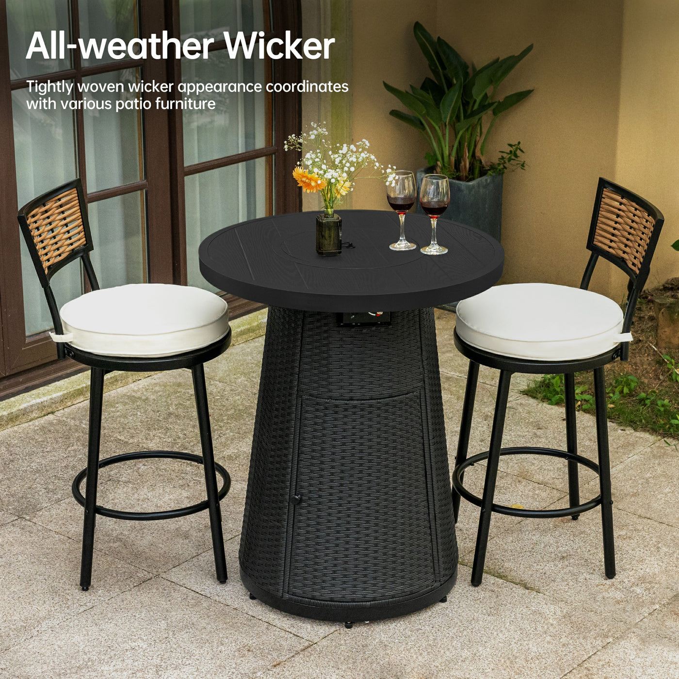 Pizzello Godere - 31.5" Propane Fire Pit Table Outdoor Round Wicker Gas Fire Table#color_black