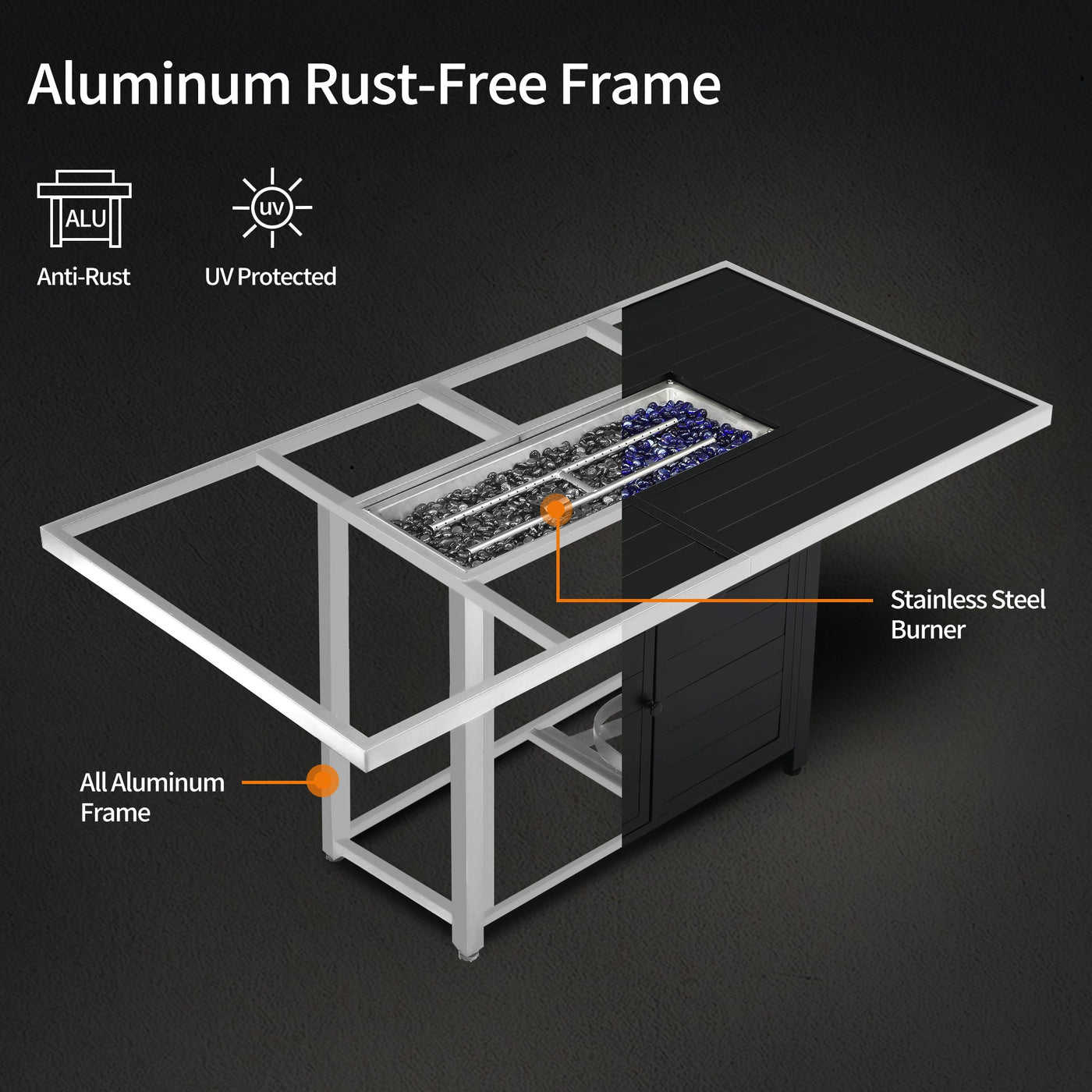 Diagram shows the Pizzello Passione 62.5" fire pit table’s anti-rust aluminum frame, spacious top, and propane burner.