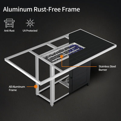 Diagram shows the Pizzello Passione 62.5" fire pit table’s anti-rust aluminum frame, spacious top, and propane burner.