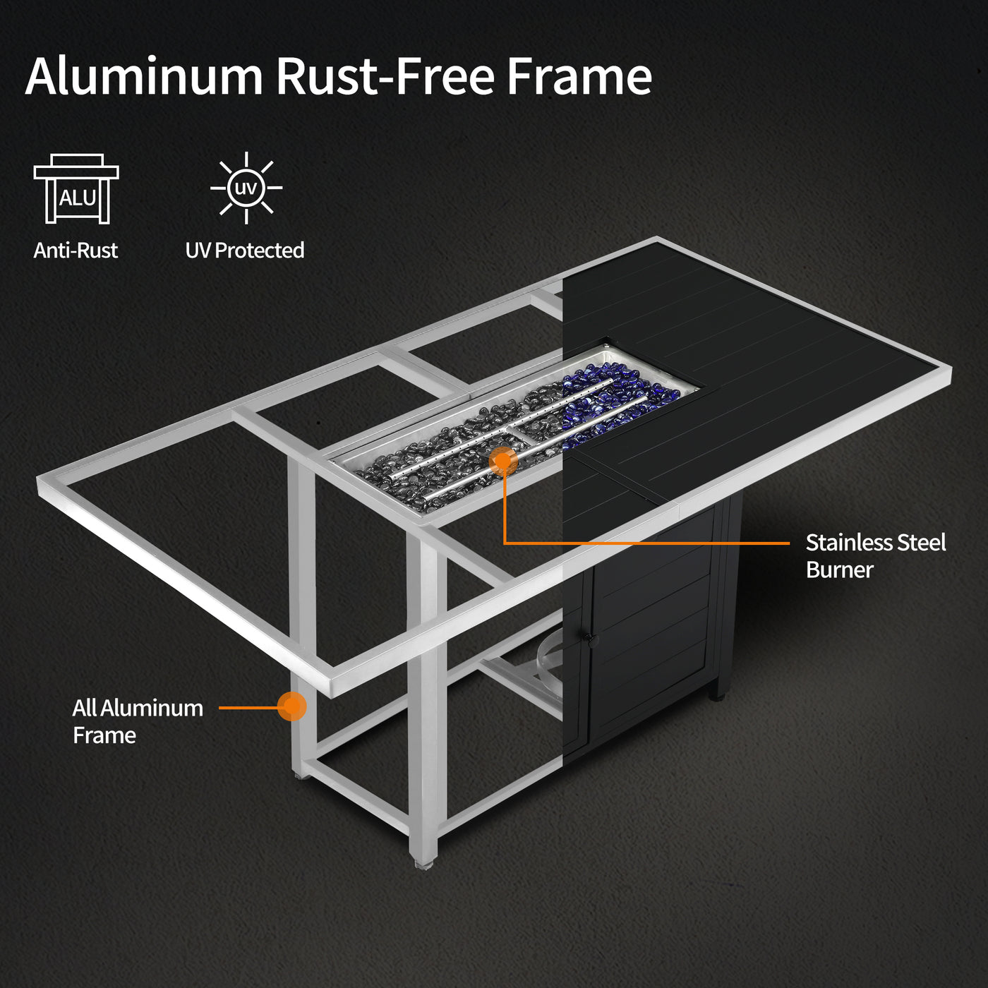 Pizzello Passione 62.5" Aluminum Propane Fire Pit Table: spacious top, rust-free frame, UV protection, 50k BTU.
