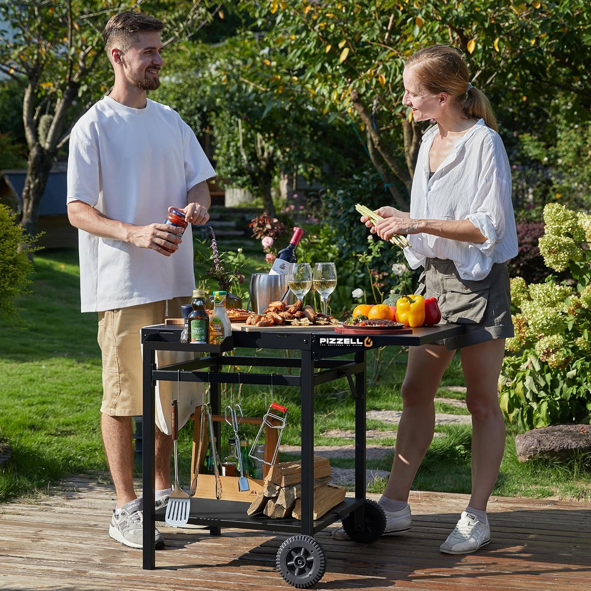 Pizzello Outdoor Grill Dining Cart Movable Pizza Oven Trolley BBQ Stand