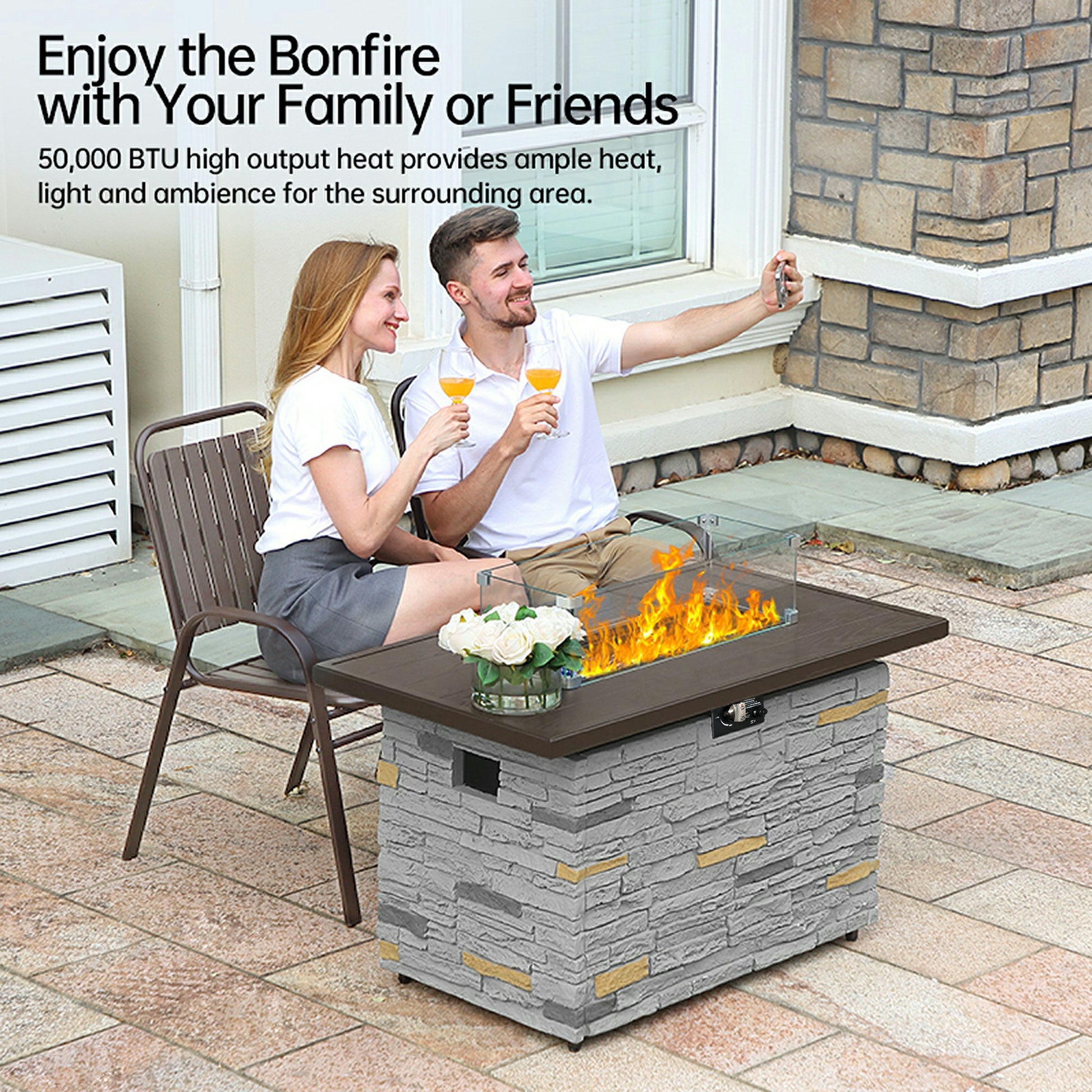 Pizzello Caldo- 43" Propane Fire Pit Table Rectangular Stone Firepit Table - Pizzello#color_gray