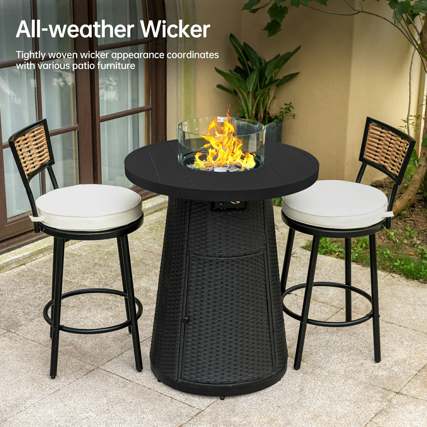 Pizzello Godere - 31.5" Propane Fire Pit Table Outdoor Round Wicker Gas Fire Table#color_black