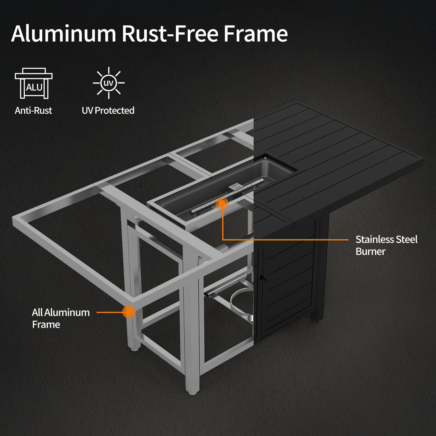 Pizzello Passione - 59.8" Aluminum Propane Fire Pit Table 50,000 BTU Outdoor Rectangular Dining Table