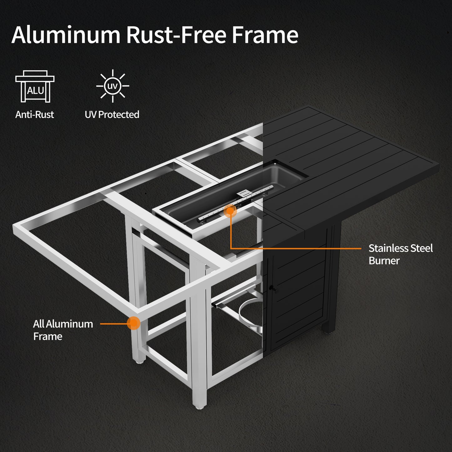 Pizzello Passione - 59.8" Aluminum Propane Fire Pit Table 50,000 BTU Outdoor Rectangular Dining Table
