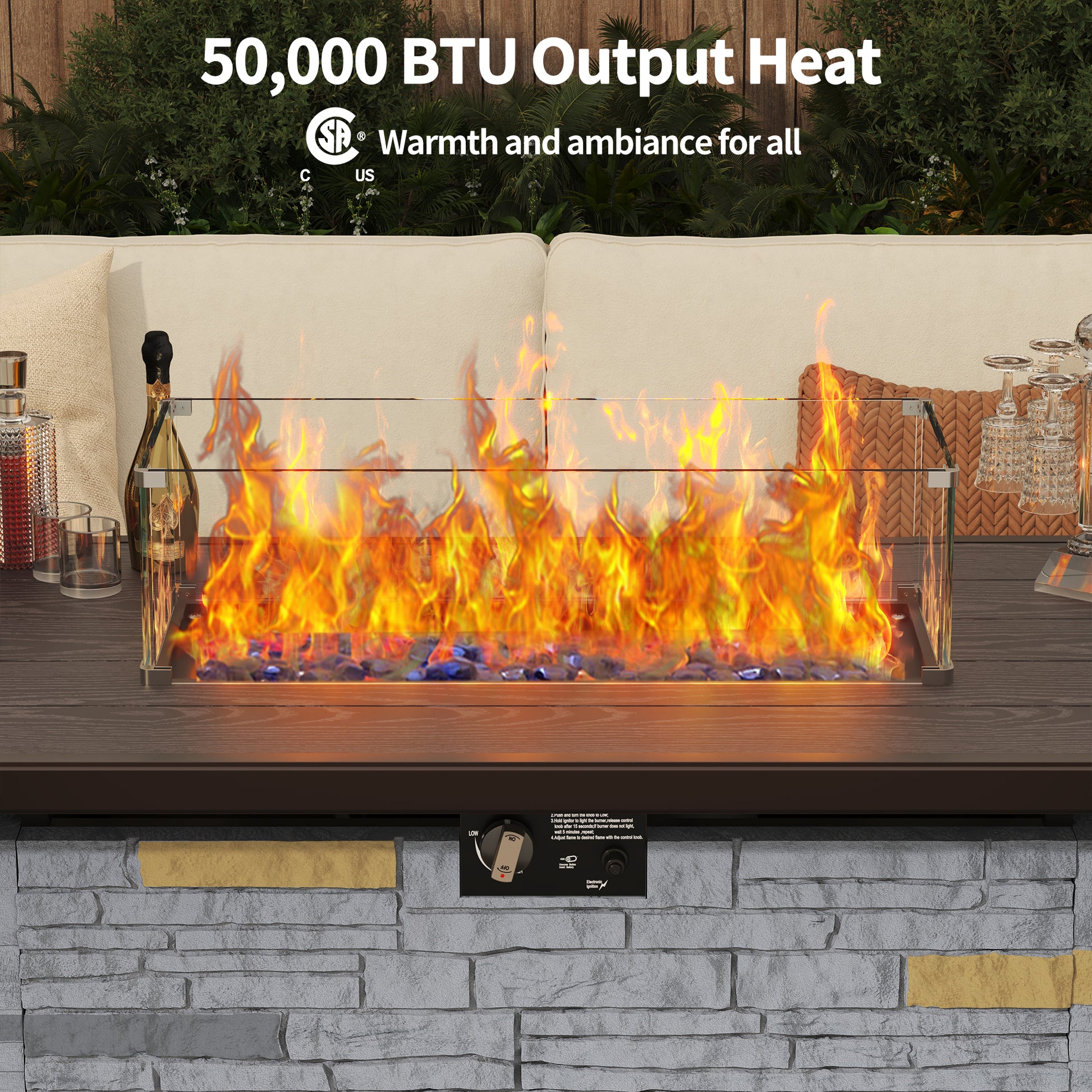 Pizzello Caldo- 43" Propane Fire Pit Table Rectangular Stone Firepit Table - Pizzello#color_gray