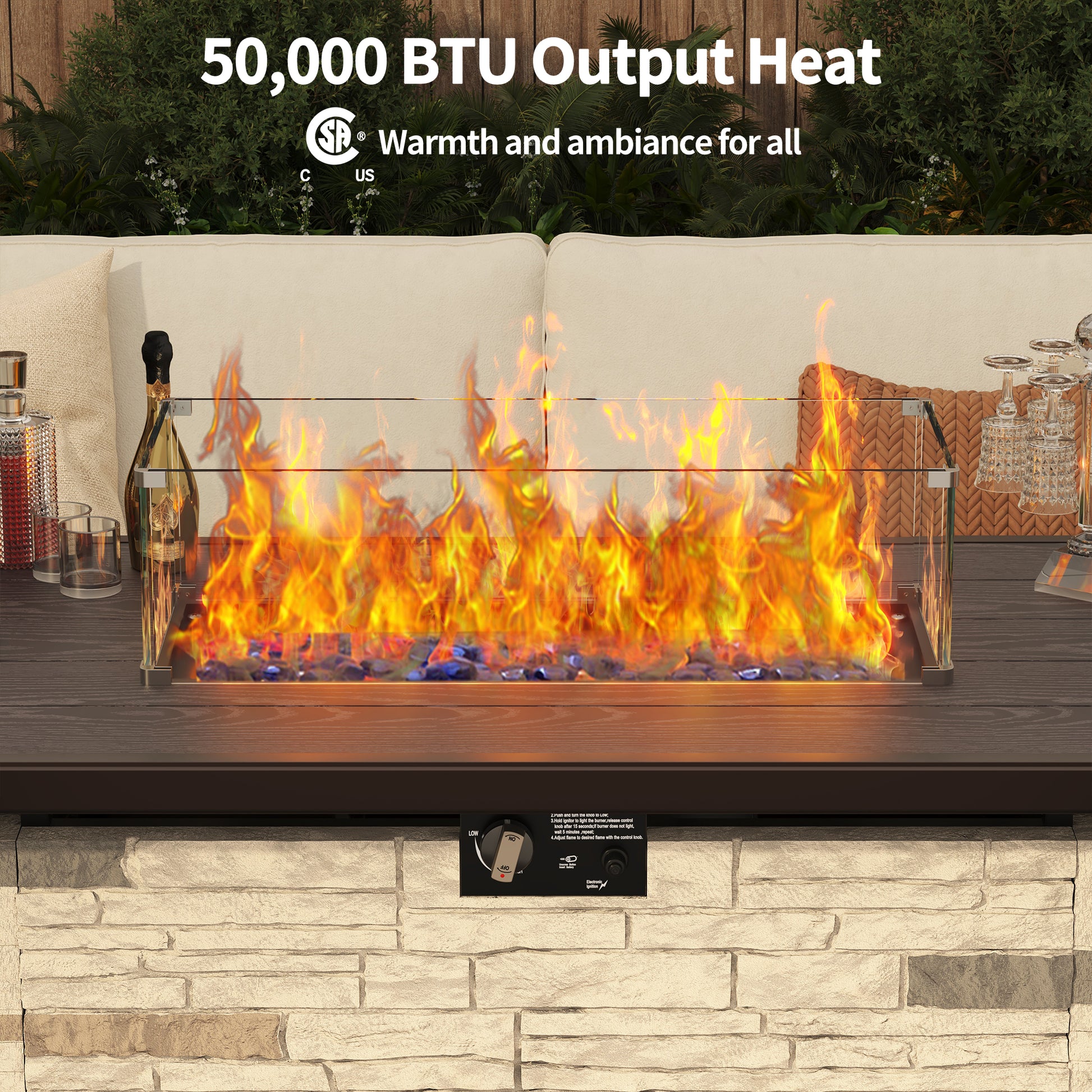 Pizzello Caldo- 43" Propane Fire Pit Table Rectangular Stone Firepit Table - Pizzello#color_buff