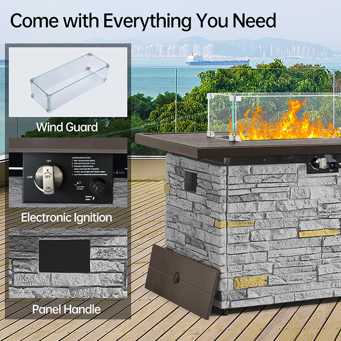 Pizzello Caldo- 43" Propane Fire Pit Table Rectangular Stone Firepit Table - Pizzello#color_gray