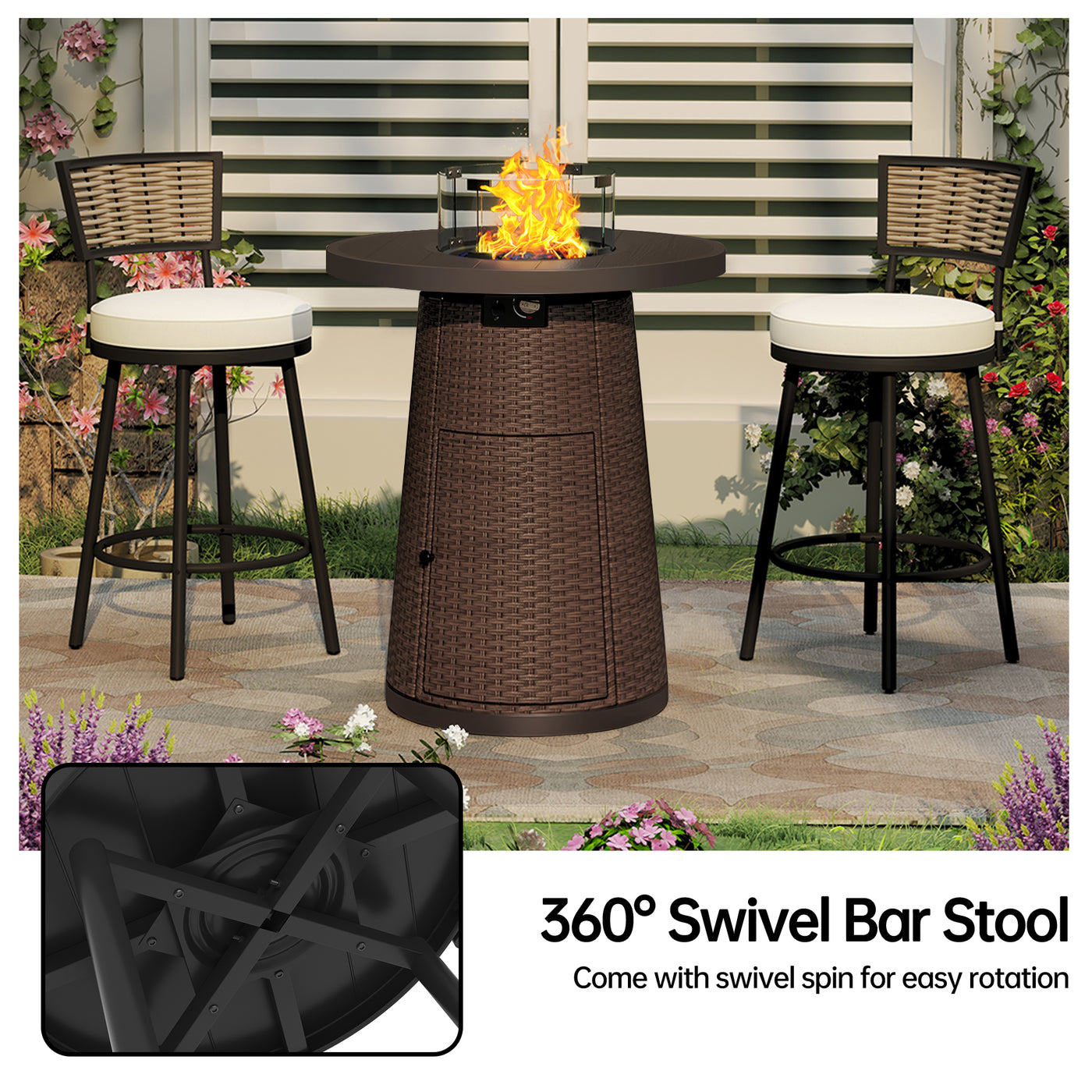 Pizzello Godere - 31.5" Propane Fire Pit Table Outdoor Round Wicker Gas Fire Table#color_brown