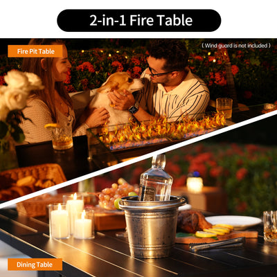 Split image: top, couple with dog by 50,000 BTU Pizzello fire pit; bottom, spacious tabletop set for outdoor dining.
