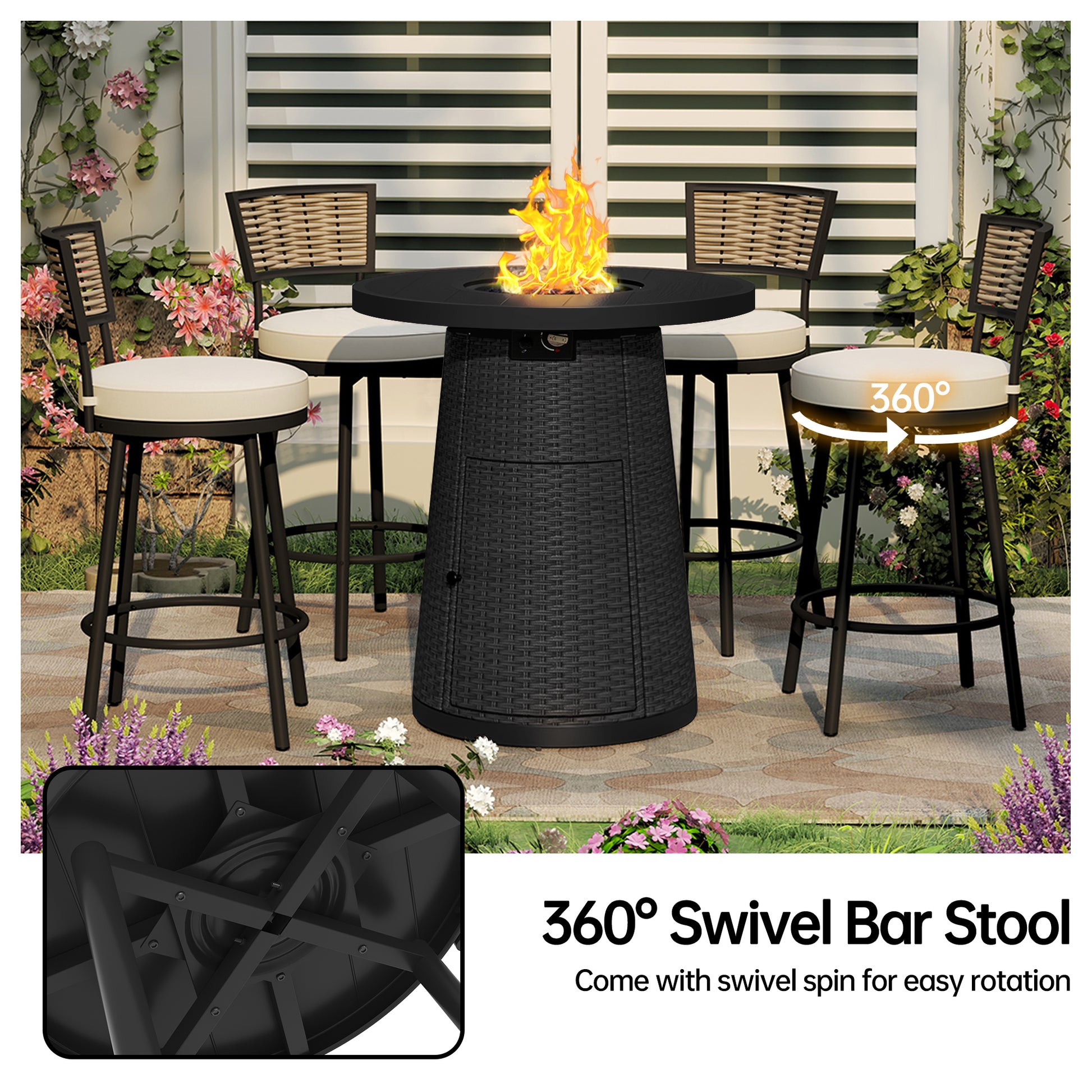 Pizzello Godere - 31.5" Propane Fire Pit Table Outdoor Round Wicker Gas Fire Table#color_black