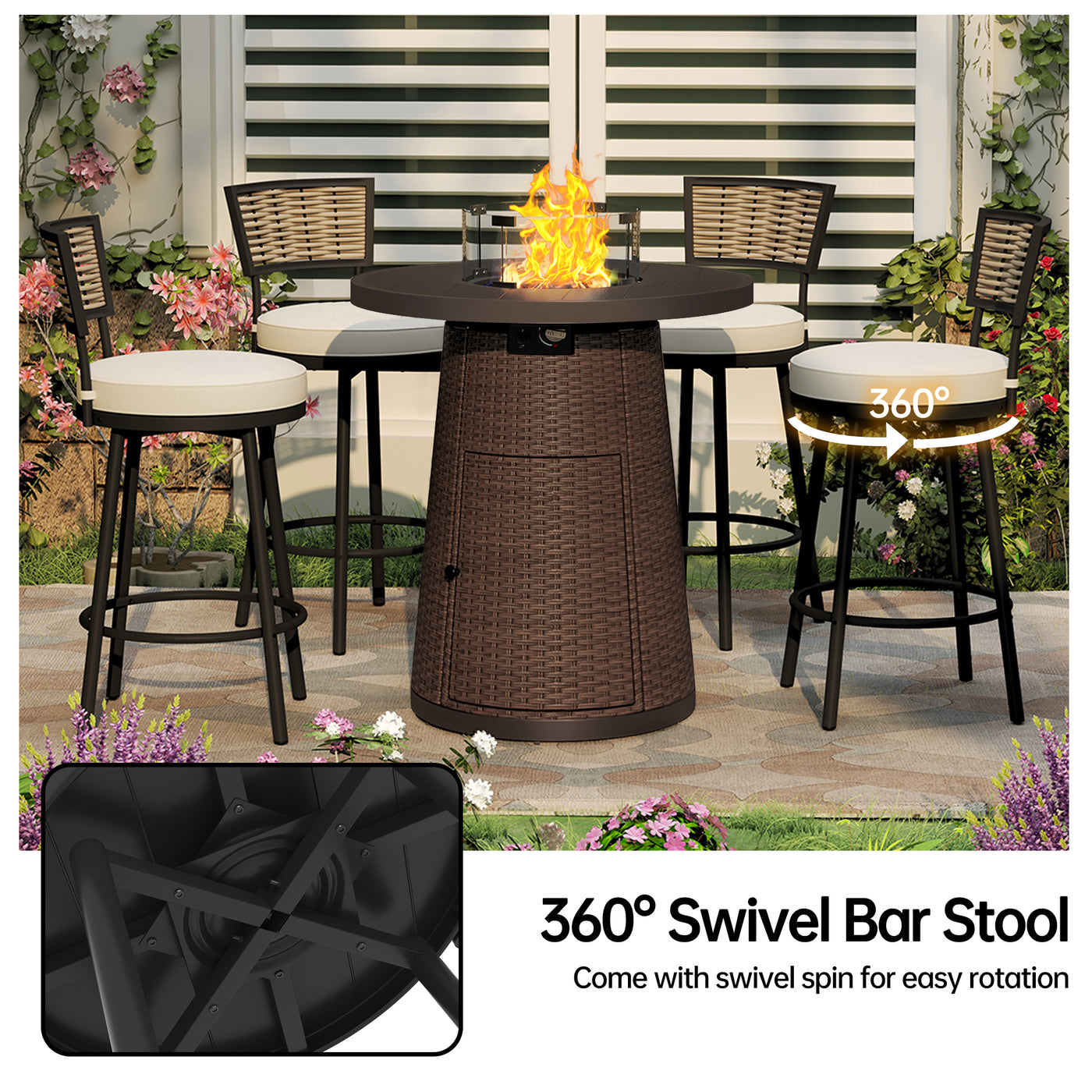 Pizzello Godere - 31.5" Propane Fire Pit Table Outdoor Round Wicker Gas Fire Table#color_brown