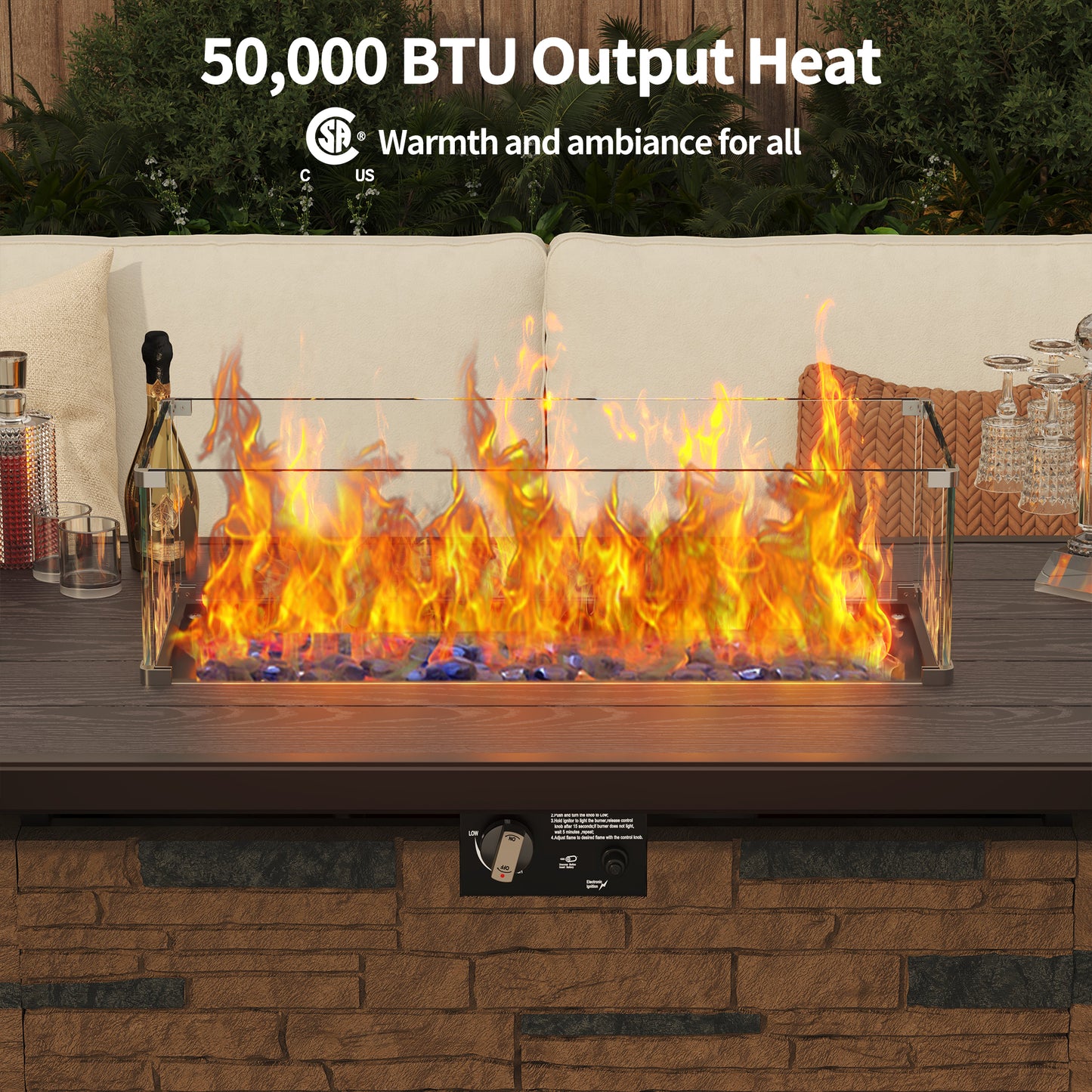 Pizzello Caldo- 43" Propane Fire Pit Table Rectangular Stone Firepit Table - Pizzello#color_brown