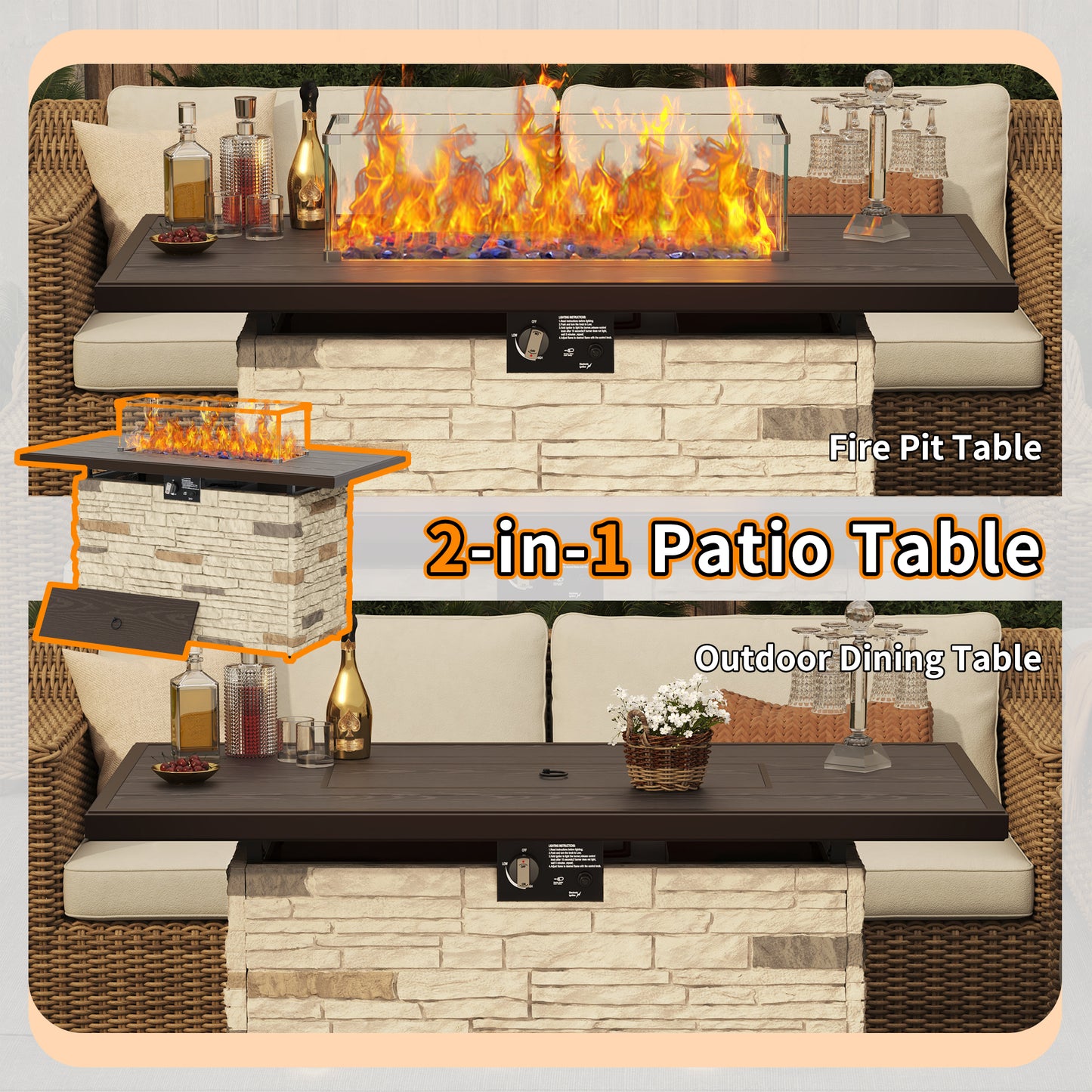 Pizzello Caldo- 43" Propane Fire Pit Table Rectangular Stone Firepit Table - Pizzello#color_buff