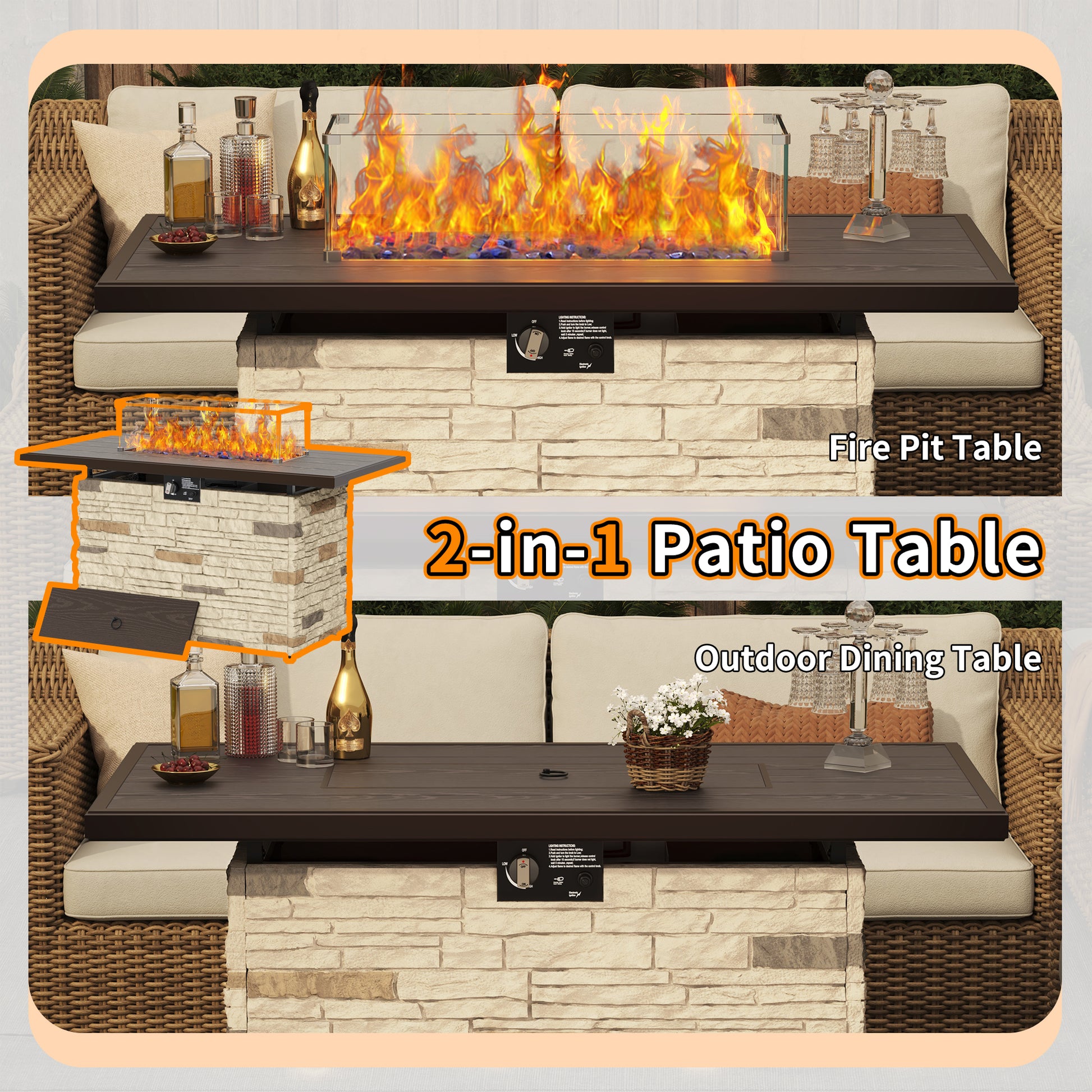 Pizzello Caldo- 43" Propane Fire Pit Table Rectangular Stone Firepit Table - Pizzello#color_buff
