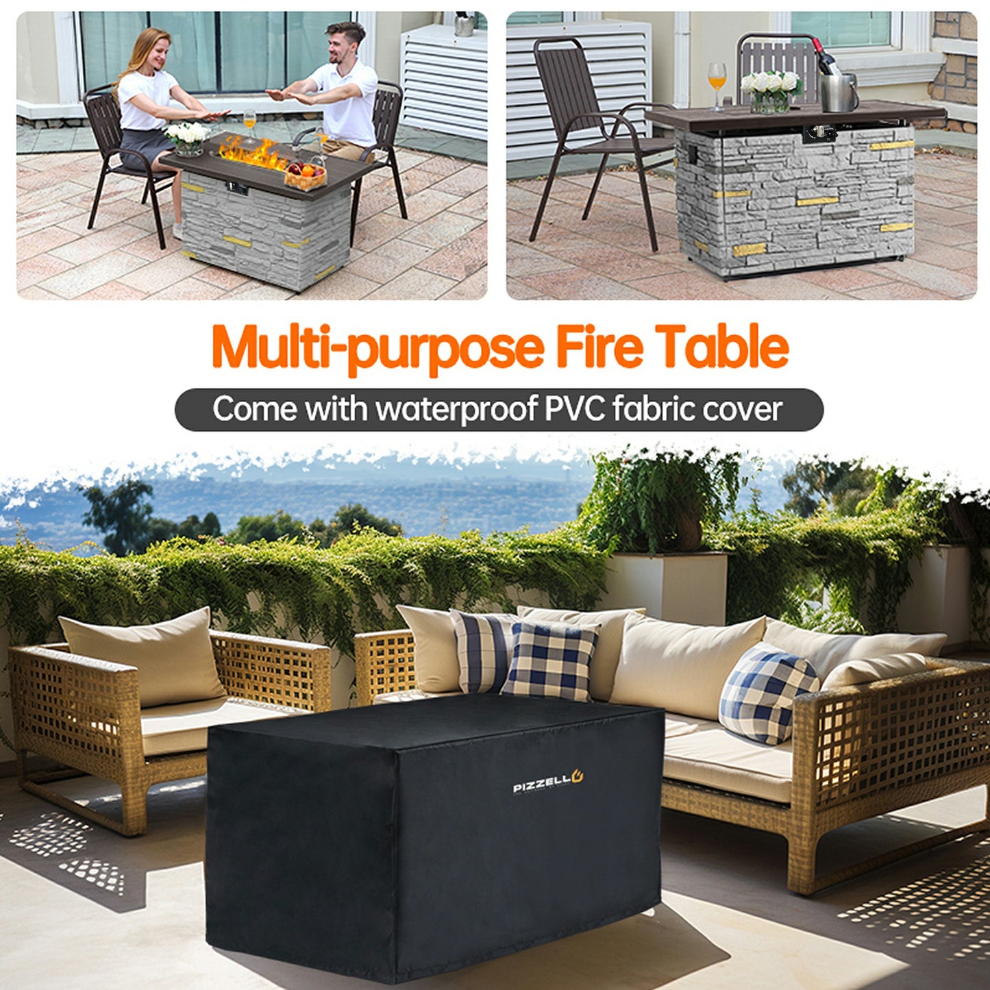 Pizzello Caldo- 43" Propane Fire Pit Table Rectangular Stone Firepit Table - Pizzello#color_gray