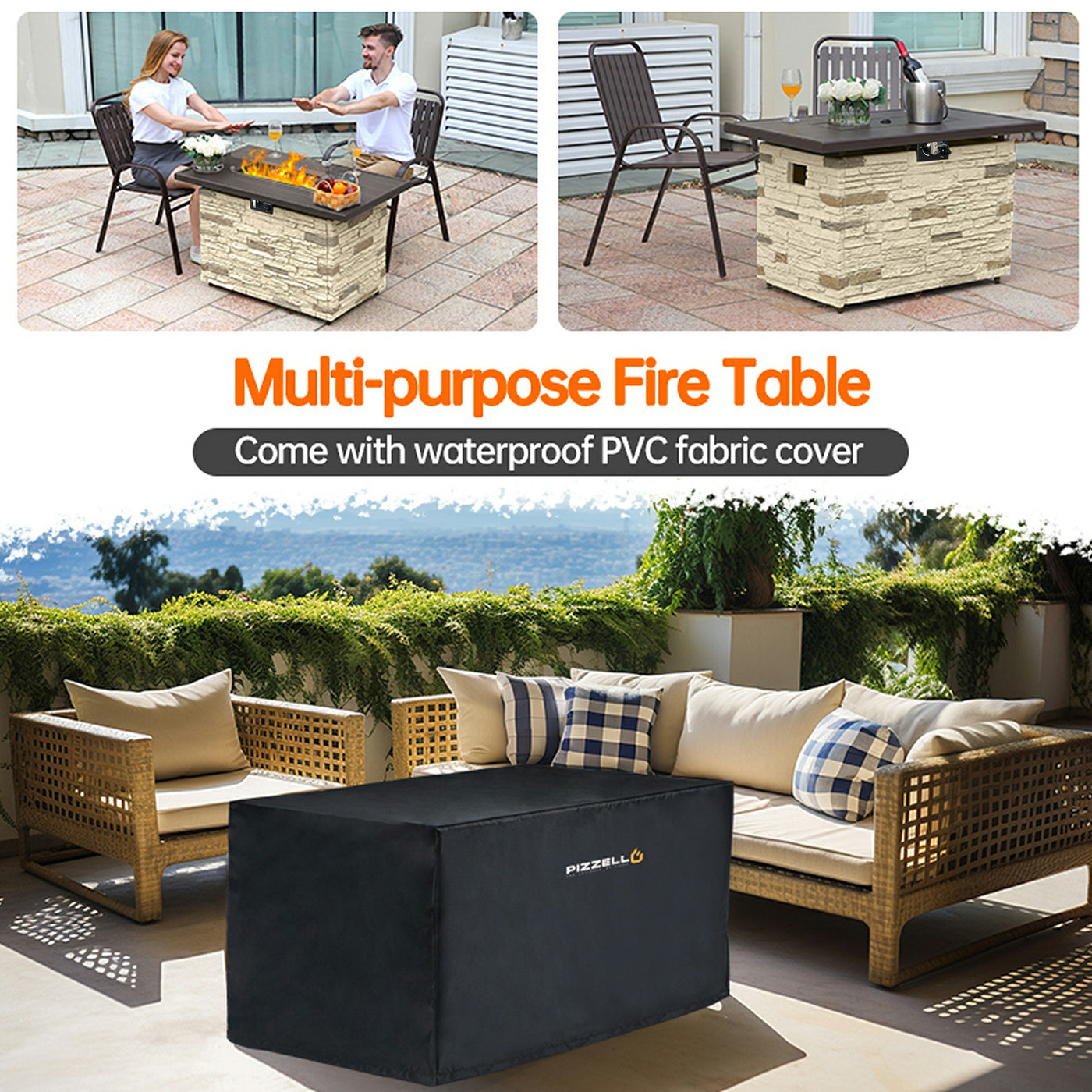 Pizzello Caldo- 43" Propane Fire Pit Table Rectangular Stone Firepit Table - Pizzello#color_buff