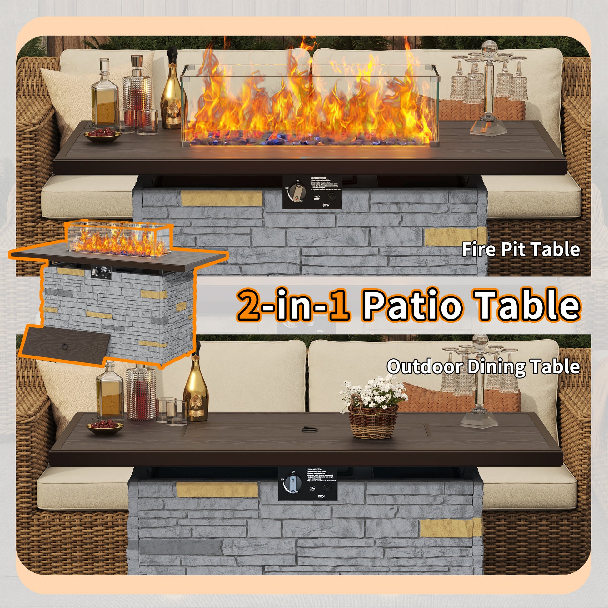 Pizzello Caldo- 43" Propane Fire Pit Table Rectangular Stone Firepit Table - Pizzello#color_gray