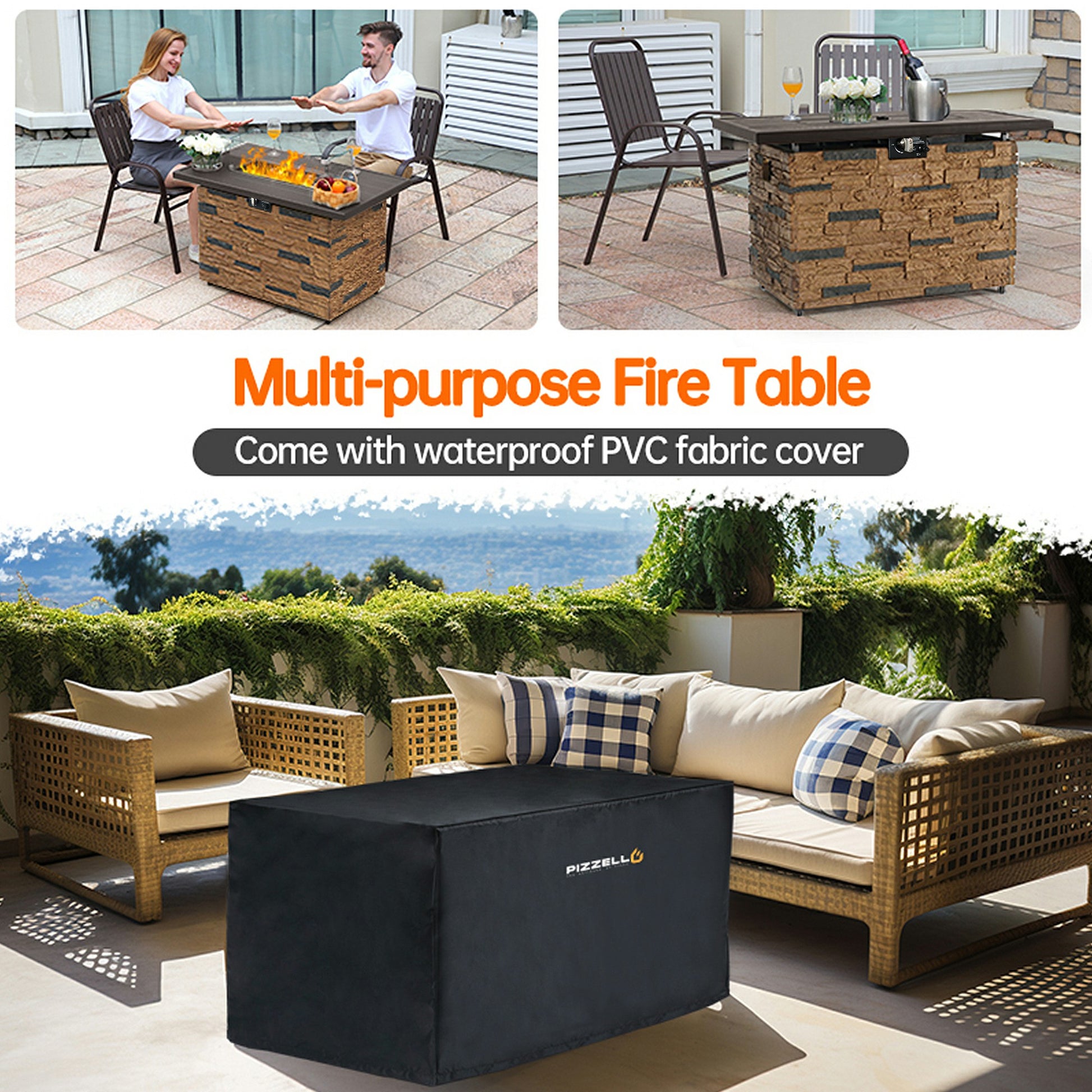 Pizzello Caldo- 43" Propane Fire Pit Table Rectangular Stone Firepit Table - Pizzello#color_brown