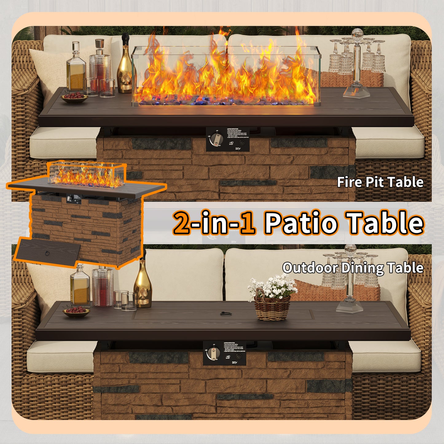 Pizzello Caldo- 43" Propane Fire Pit Table Rectangular Stone Firepit Table - Pizzello#color_brown