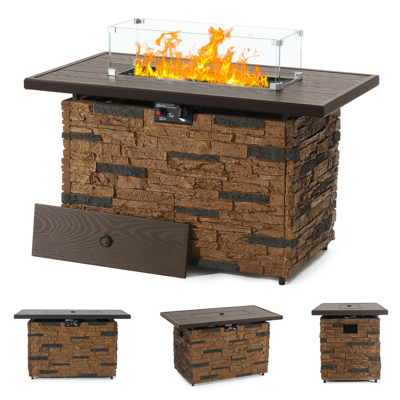 43" Rectangular Propane Fire Pit Table with lid, glass wind guard, front control panel, and removable propane tank access.