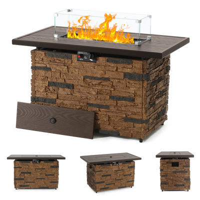 43" Rectangular Propane Fire Pit Table with lid, glass wind guard, front control panel, and removable propane tank access.